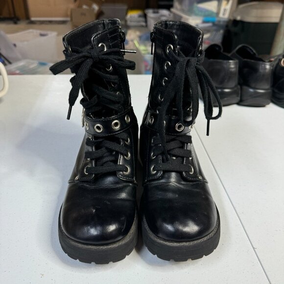 No Boundaries Boots Womens 7 Black Biker Chunky VTG Y2K 90s Moto Pleather Combat - Picture 5 of 11